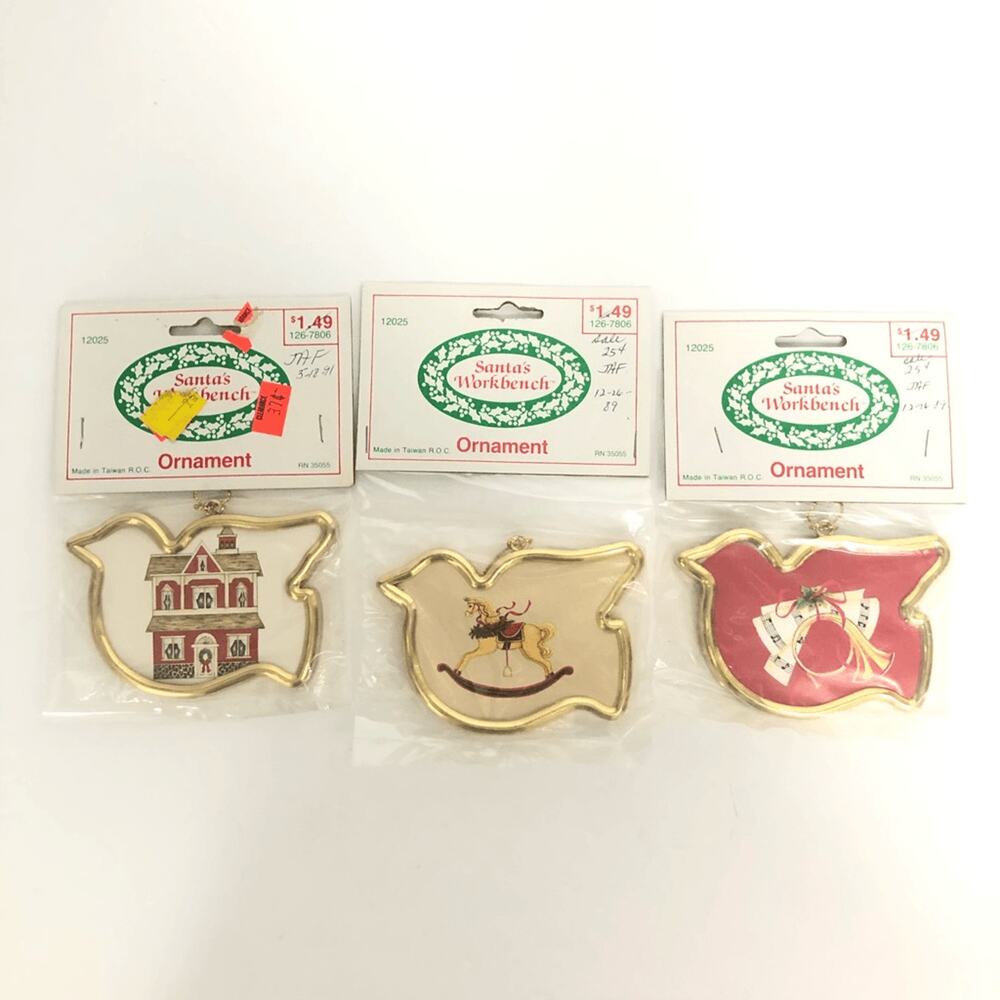 3 vintage ornament gold frames‎ birds santa’s workbench doves 3 inch christmas